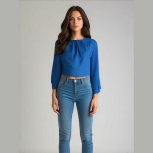 ZARA electric blue front crossover cropped blouse long sleeve keyhole size XS